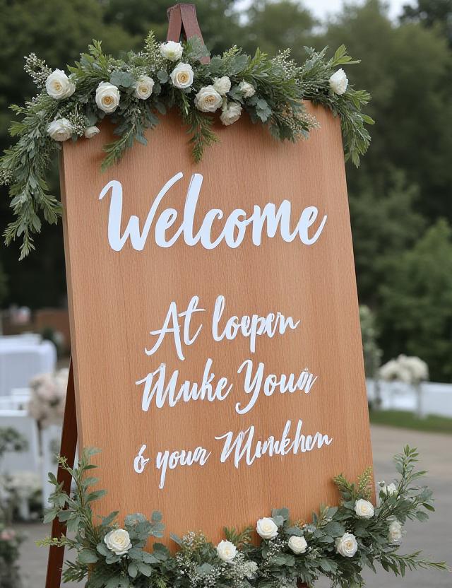 A large wooden welcome sign for a wedding with white hand-lettering.
