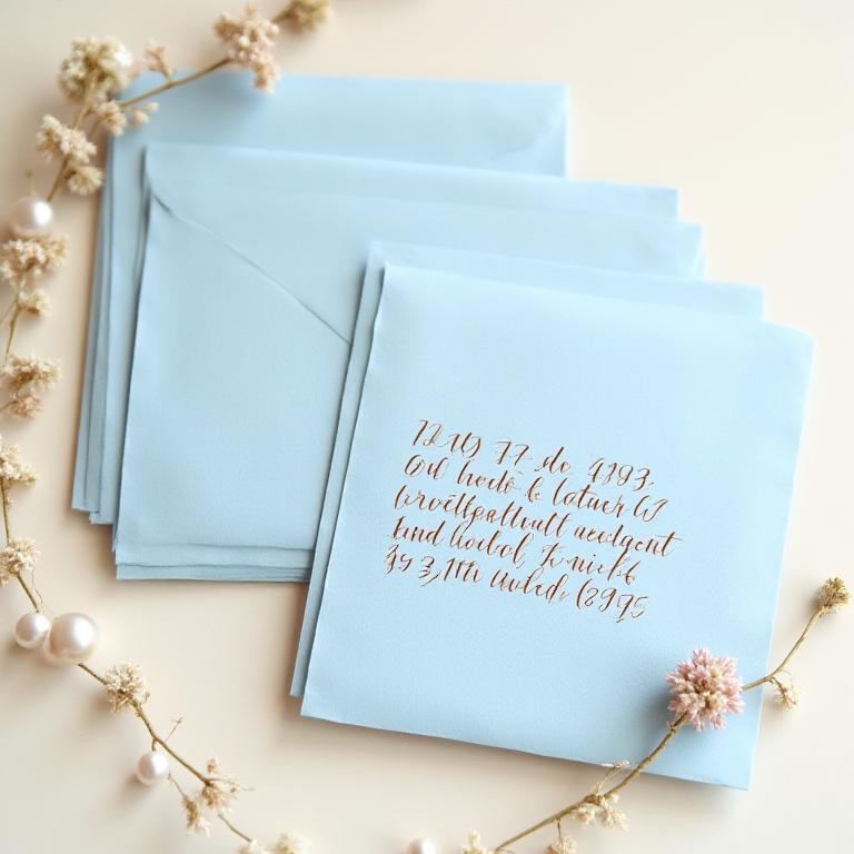 A stack of dusty blue envelopes with elegant copperplate calligraphy addressing.