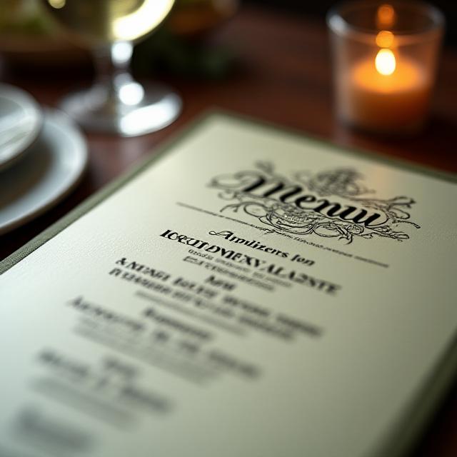 Detail shot of a dinner menu with artistic calligraphic headers.