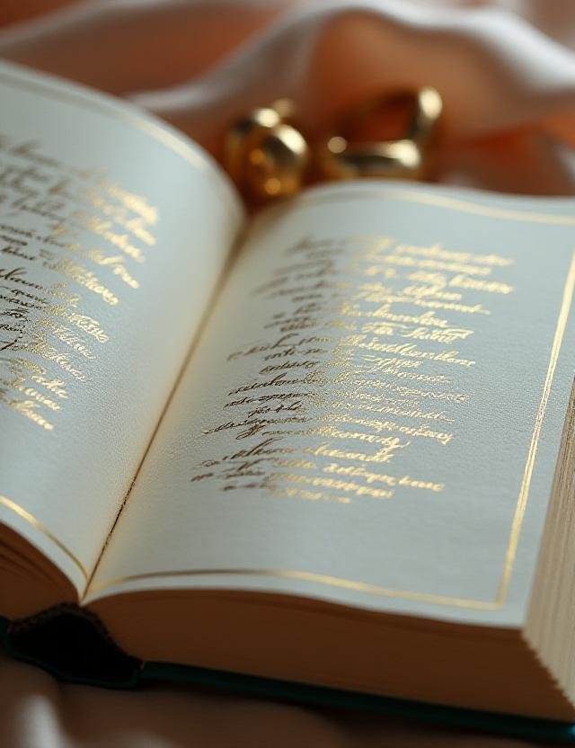 A close-up of a hand-bound wedding vow book with gold calligraphy.