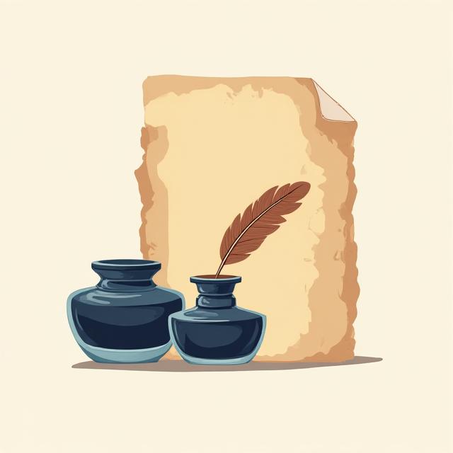Icon showing a bottle of ink and fine paper.