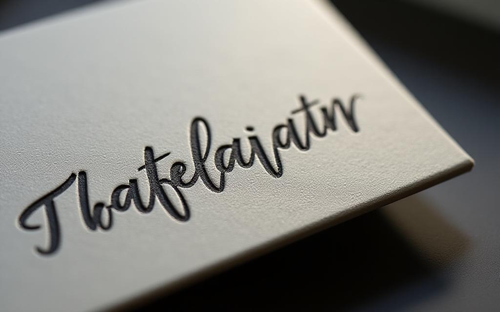 A close-up of a calligraphic logo on a business card.
