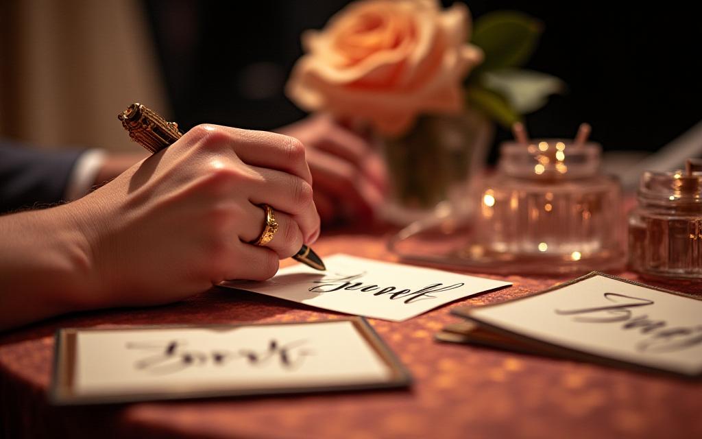 A calligrapher writing a guest's name on a gift tag at a live event.