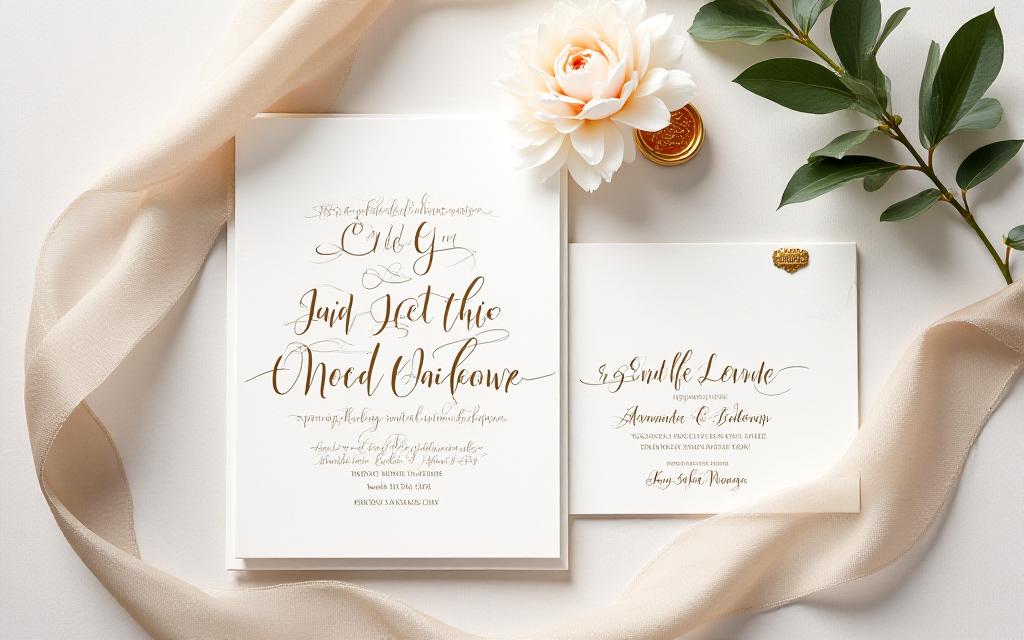 An elegant wedding invitation suite with calligraphy on a styled flat lay with silk ribbons.