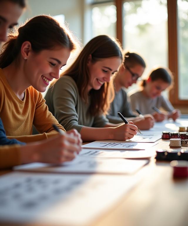 A group of cheerful students practicing calligraphy in a well-lit workshop.